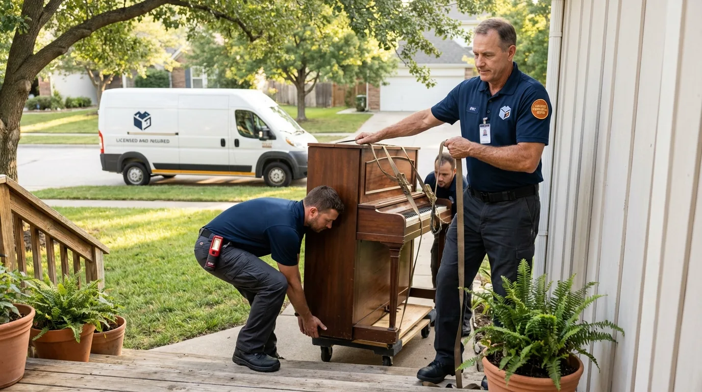 Licensed piano movers securing grand piano in Greenville, NY