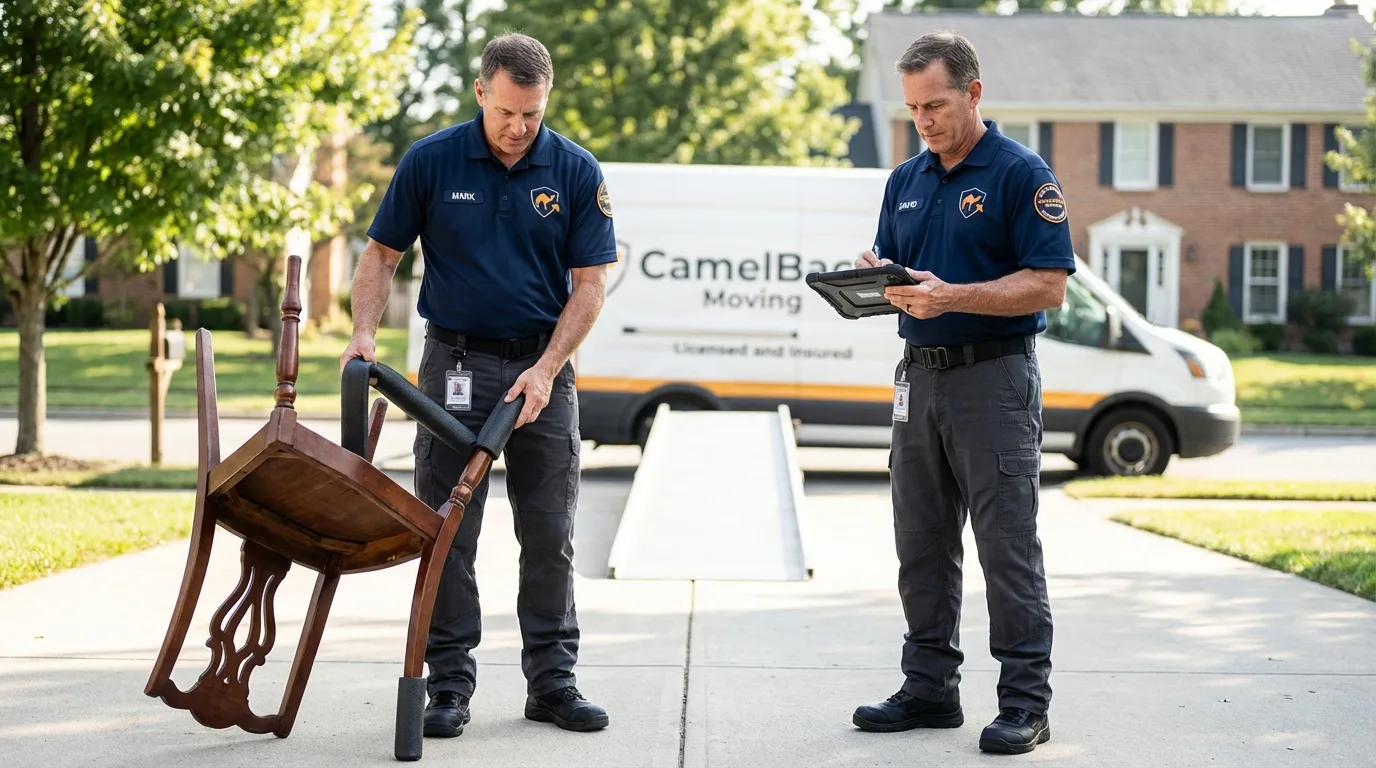 Movers inspecting furniture for damage prevention before loading in Greenville, NY
