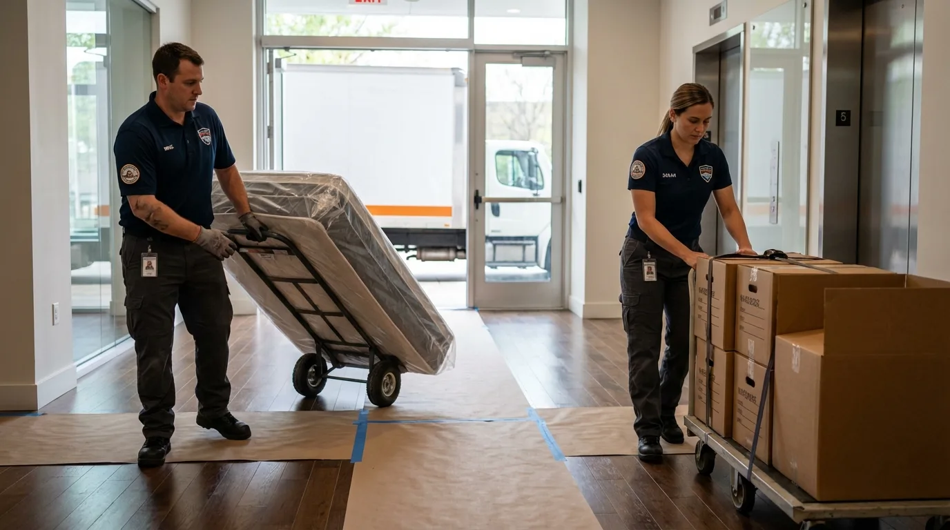 Professional apartment movers loading elevator in Greenville, NY