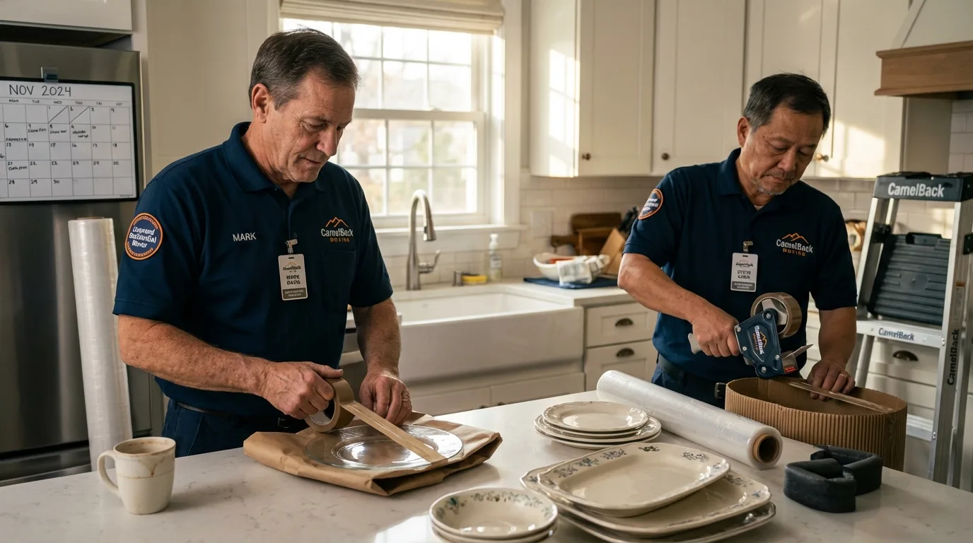 Professional crew packing kitchen dishware in Greenville, NY